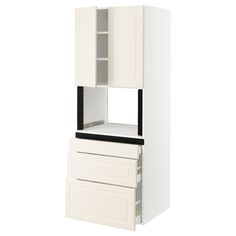 a tall white cabinet with two drawers and one door open to reveal the bottom drawer