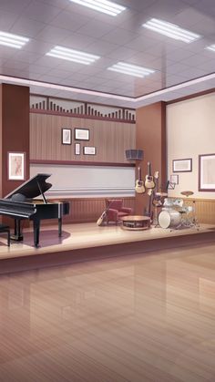 the room is clean and ready to be used for musical instruments, including a piano