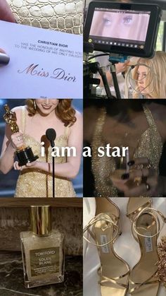 there is a collage of pictures with the same person holding an award in their hand