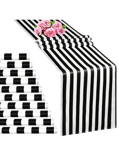 black and white striped table runner with pink roses