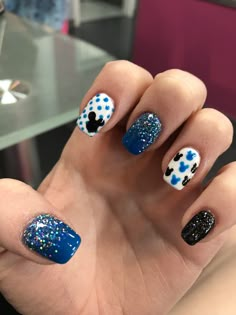 Disney Sns Nails Designs, Blue Nails Disney, Blue Mickey Mouse Nails, Kid Disney Nails, Disney Character Nail Designs, Disney Nails Blue, Disney 100 Years Nails, Disney Up Nails, Disney Cruise Nails Design