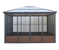 a metal and wood gazebo with glass doors on the top floor, side view