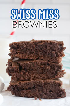 three brownies stacked on top of each other with the words, swiss miss browns