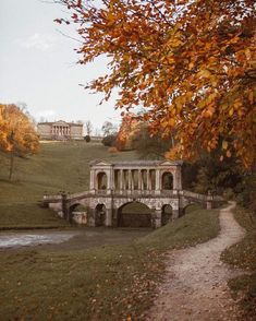 a stone bridge over a small stream in the middle of a field next to trees with orange leaves on them