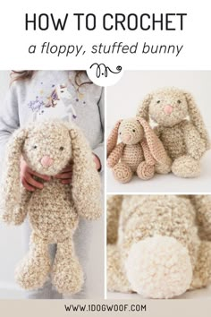 the crochet bunny is shown in three different pictures and has been made to look like