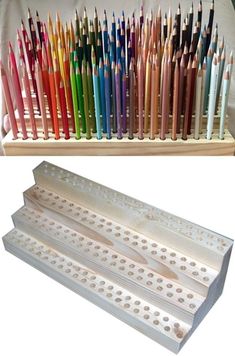 there are many different colored pencils in the box and one is empty with them