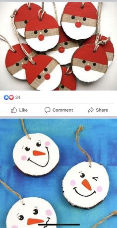 christmas ornaments made out of wood are hanging from twine strings and decorated with paper snowmen