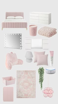 a collage of pink and white items including bedding, pillows, rugs