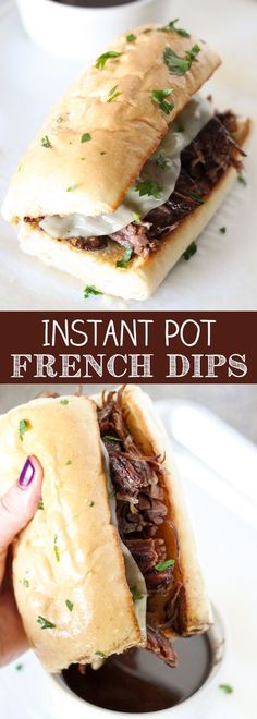 two pictures showing how to make french dip sandwiches