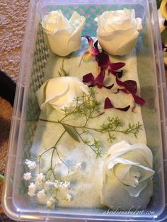 some flowers are in a plastic container on the floor and one is white with red petals