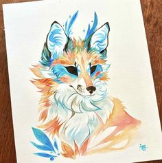 a watercolor painting of a fox with blue eyes