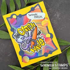 a card with an image of a rocket ship and the words catch wag on it