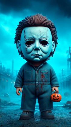 a creepy doll with an orange pumpkin in his hand