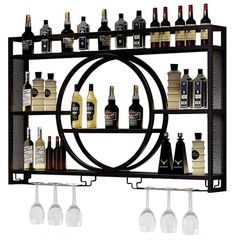 a metal rack with wine glasses and bottles on it