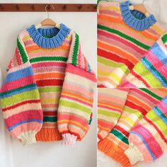 two pictures of colorful sweaters hanging on a clothes hanger, one with multicolored stripes