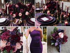 a collage of photos showing different types of flowers and candles in purples, pinks, and greens