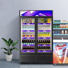 an ice cream and soft drink cooler in front of a wall with shelves full of drinks