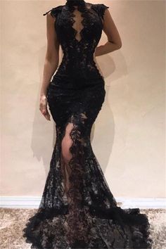 Looking for the latest Sexy Black High Neck Keyhole Appliques Lace Mermaid Prom Dress With Side Slit online? Shop best formal dresses and gowns at Biztunnel. All Styles & Size, 100% Tailor-Made, Buy Now! Black Lace Evening Dress, Chic Prom Dresses, 2021 Prom Dresses, Evening Dresses Online, Elegant Dresses Classy, Backless Prom Dresses, Black Prom, Lace Mermaid, فستان سهرة