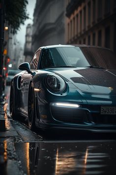 a blue porsche parked on the side of a wet street