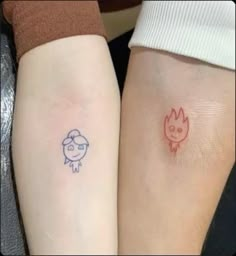 two people with matching tattoos on their legs