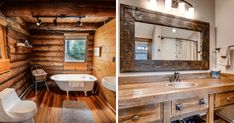 two pictures side by side one has a tub and the other has a sink