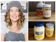 a woman wearing a knitted hat next to jars of peanut butter, and a jar of honey