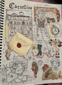 an open notebook with drawings and stickers on it