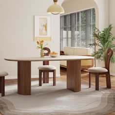 As the sun filters through the window, casting a warm glow on the 71” matte travertine-textured sintered stone tabletop, the rectangular dining table takes center stage in any dining room. Its sleek design, coupled with the vertical grain pattern of the round solid wood legs, exudes a sense of timeless elegance. Whether it's a casual family meal or a formal gathering, this table sets the perfect tone for intimate conversations and cherished memories. | Latitude Run® Mezzo 71" Mid-Century Wood Di Jenni Kayne Dining Table, Modern Dining Table Stone, Wood Base Stone Top Dining Table, 78" Oval Dining Table, Mid Century Dining Table, Stone Table Top, Terra 90" Natural Oak Dining Table, Mid Century Dining, Wayfair Furniture