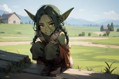 an animated character sitting on a bench in front of a green field with mountains and houses