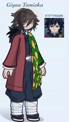 an anime character with black hair wearing a red coat and green scarf, standing in front of a white background