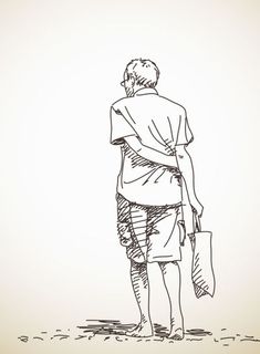 a drawing of a man walking on the beach holding a bag and a handbag