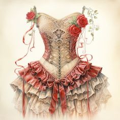 a drawing of a corset with roses on the bustle and red ribbon