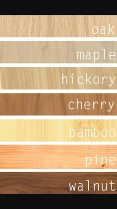 the names of different types of wood are shown in this image, including maple, cherry, pine, pine walnut, maple, cherry, cherry and cherry