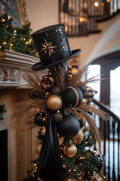 a christmas tree decorated with ornaments and a top hat