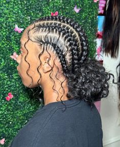 Braided Back With Curly Hair, Cornrow Buns With Curls, Cornrow Braids Into 2 Buns, Add On Hairstyles, Braids With Two Buns In The Back, Feed In Braids Hairstyles With Curls, Feed In Braids Bun To The Back, Stitch Braids Buns, Feed In Buns With Curls