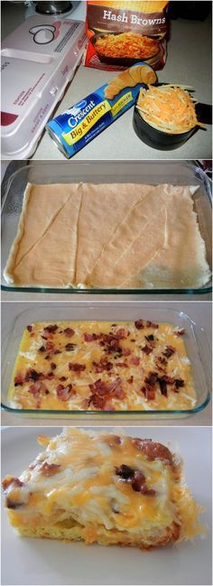 three different types of lasagna casserole with cheese and bacon on top