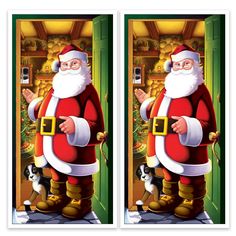 two pictures of santa clause standing next to each other