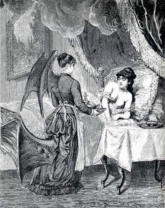 an old drawing of two women sitting at a table with one woman holding the other's hand