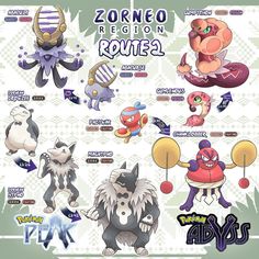 some very cute looking pokemon characters on a white and green background with the words zorreo region rome 2