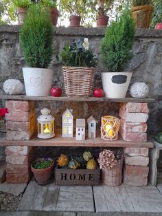 a shelf filled with potted plants on top of a stone wall