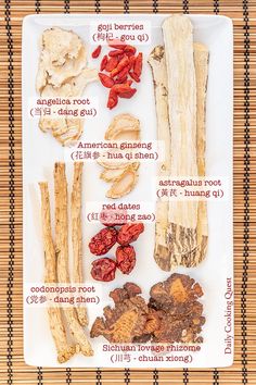 a plate with different types of sticks and dried herbs on it, labeled in the following words