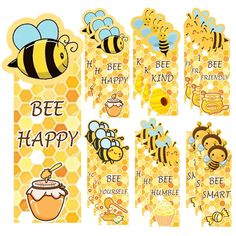 bees and honeycombs with bee happy stickers on the front, back and side