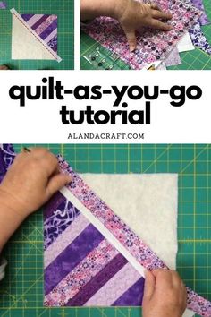 someone is making a quilt with purple and white strips