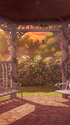 two white chairs sitting on top of a stone floor next to a gazebo covered in pink flowers