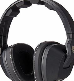 a pair of black headphones with white stitching on the sides and an earpiece