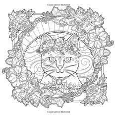 a cat with flowers on its head in the middle of a wreath, surrounded by leaves and