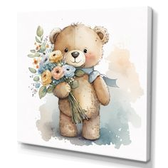 a watercolor painting of a teddy bear with flowers on it's chest holding a bouquet