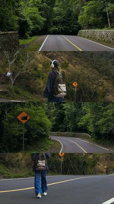 two people walking down the road with backpacks on their backs and one person carrying a bag