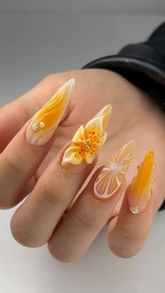 Nails aesthetic summer nails 2024 nails design 3d nail art Yellow Beach Nails, Nails Design 3d, Nails Aesthetic Summer, Aesthetic Summer Nails, Iris Nails, Summer Nails 2024, Beach Nail Designs, Beachy Nails, Yellow Nails Design