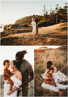 a man and woman are holding their child in the field while another person is taking pictures